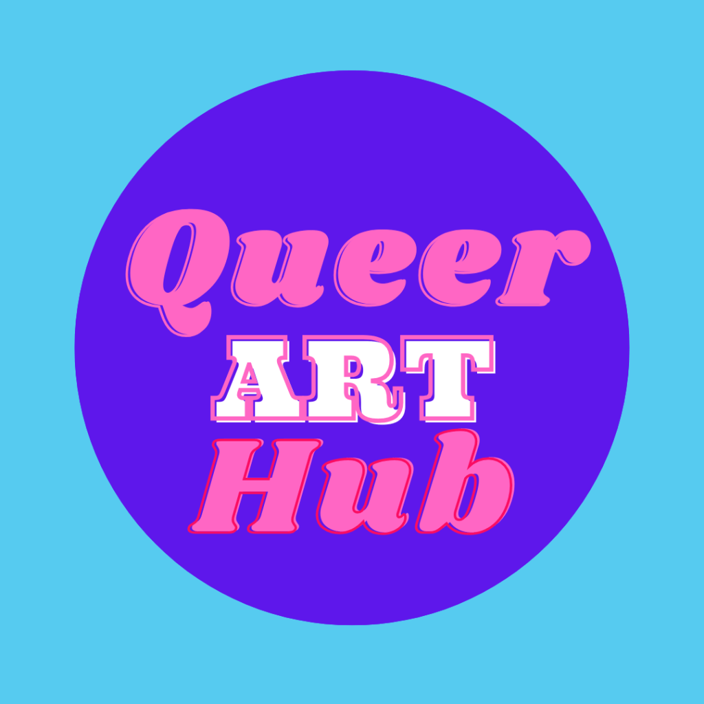 A logo purple in color with text reading Queer Art Hub.